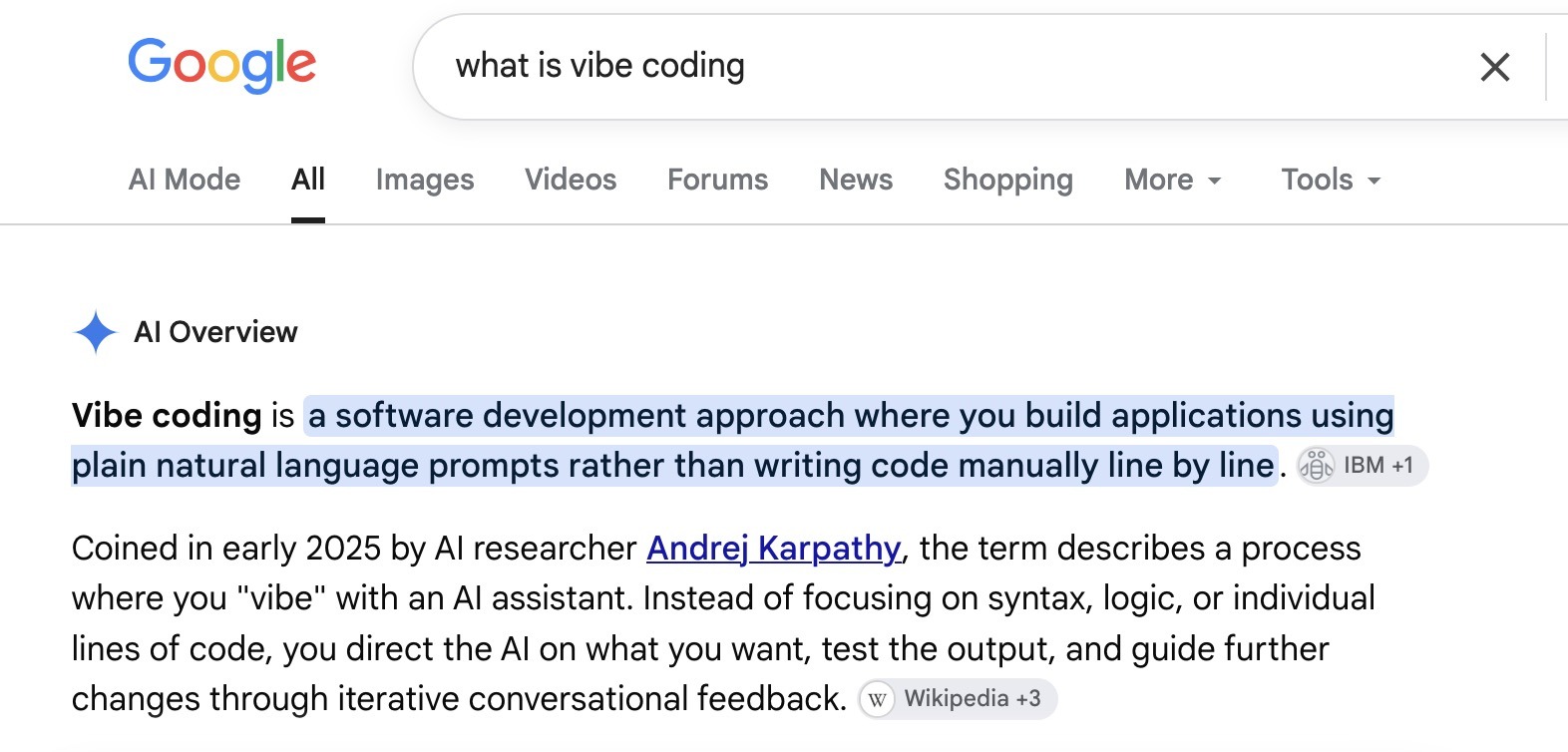 A zero-click search example on Google SERP for the term "what is vibe coding" with an AI Overview as the top result.