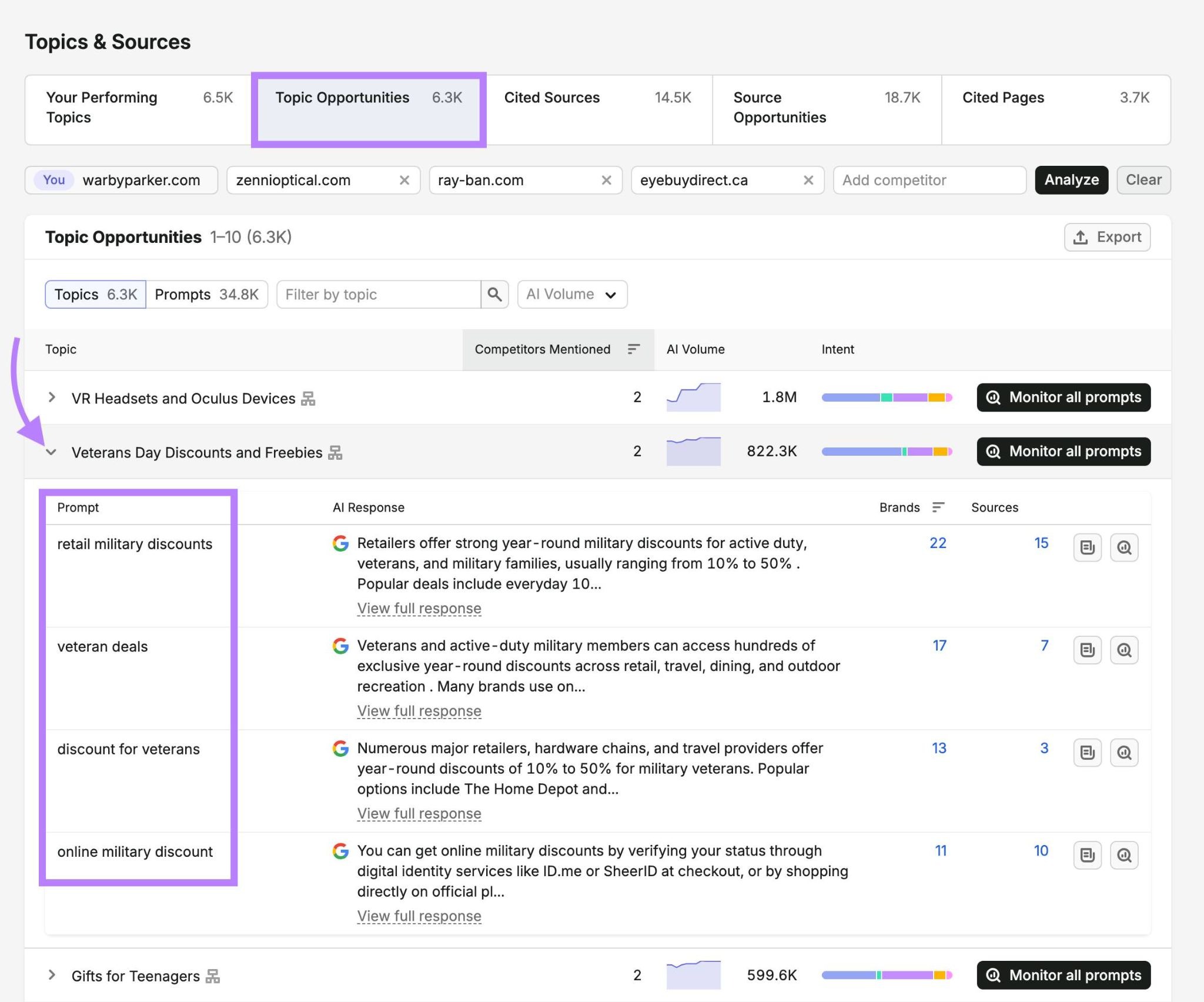 The "Topic Opportunities" tab on Visibility Overview with a topic expanded showing a list of related prompts.