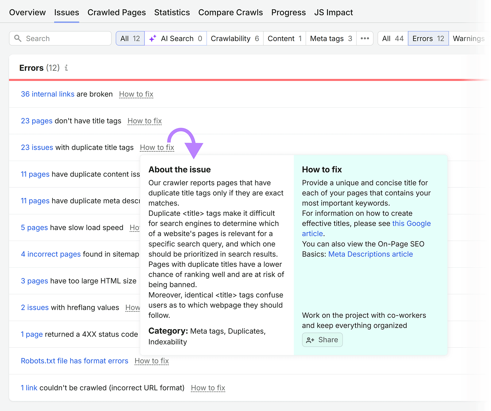 Site Audit issue details panel explaining duplicate title tags and how to fix them