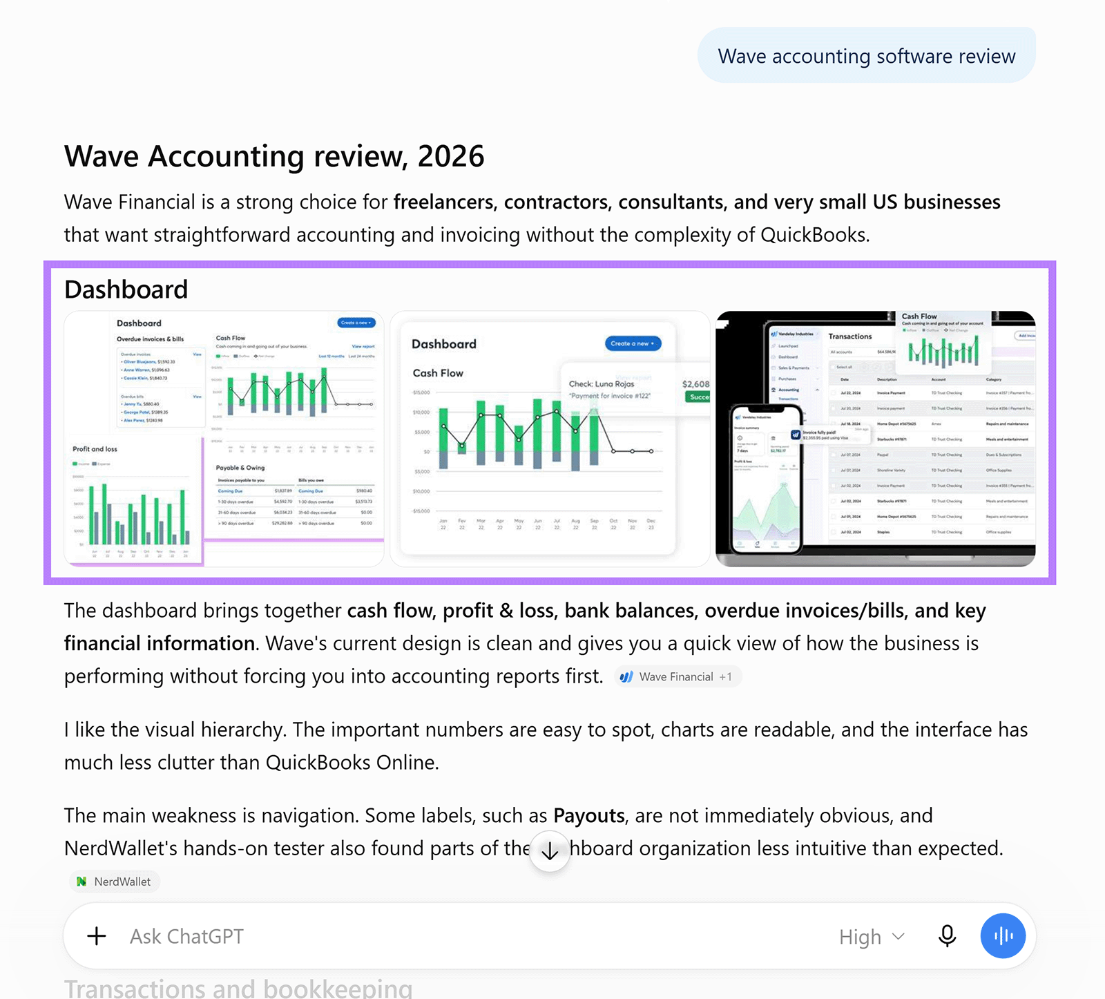 ChatGPT response reviewing Wave Accounting, with dashboard images embedded in the answer