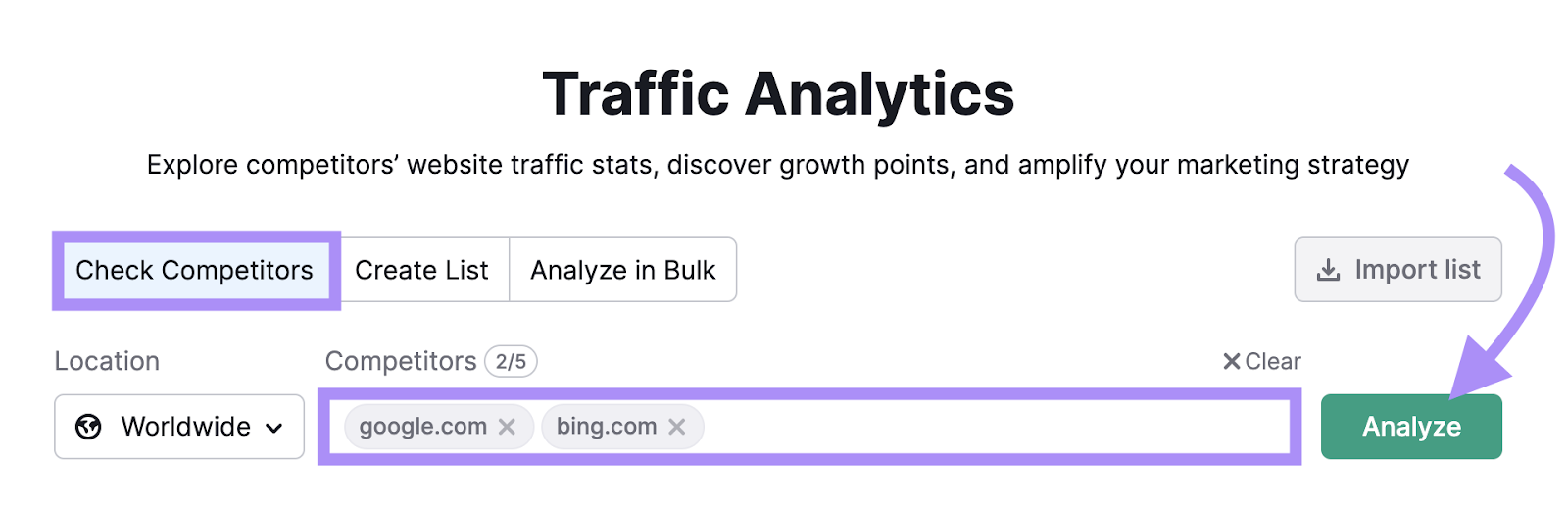 "google.com," and "sr02.amztools.in/__blocked-external" entered into Traffic Analytics search bar