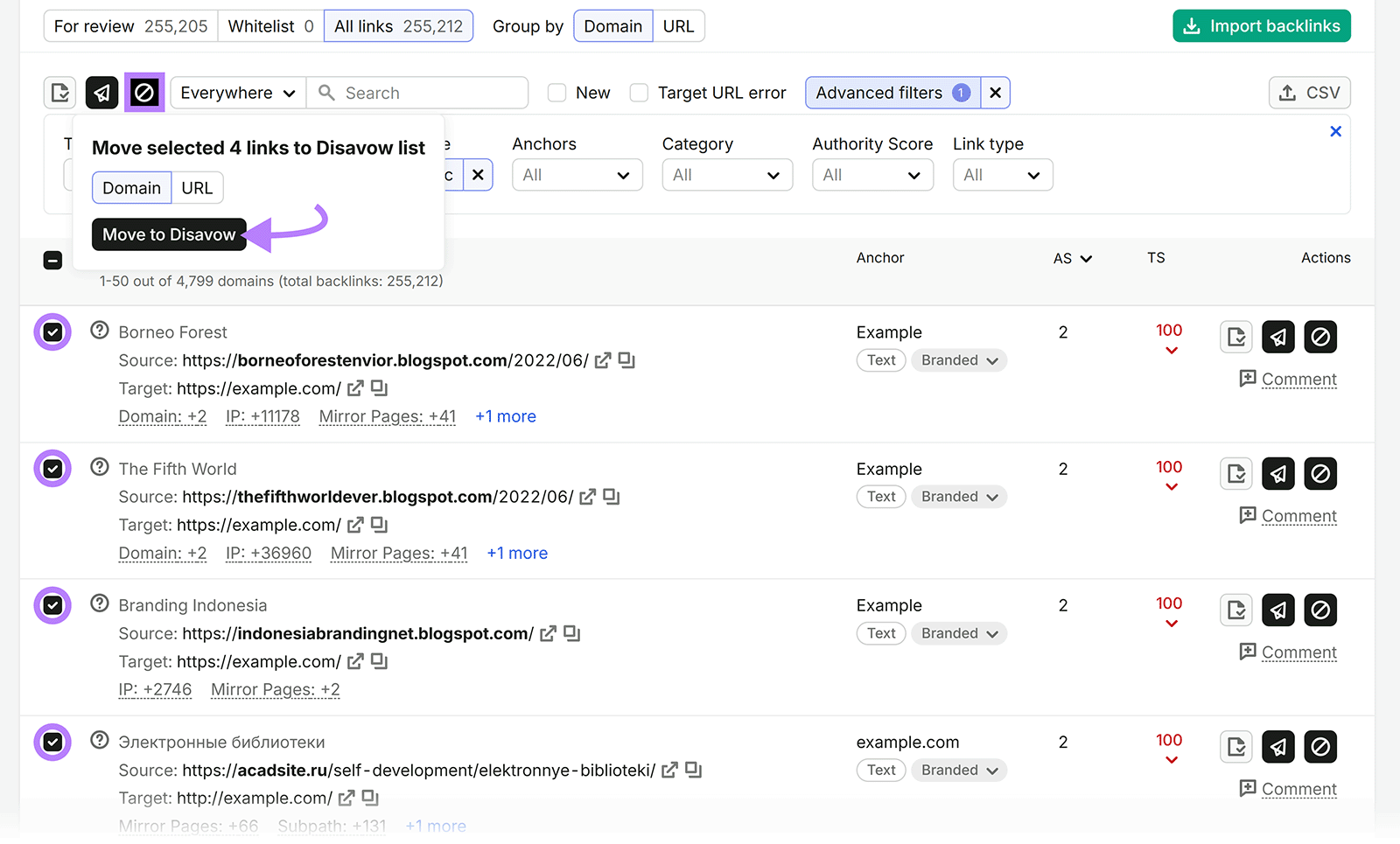 Semrush Backlink Audit with four toxic backlinks selected and the Move to Disavow option highlighted