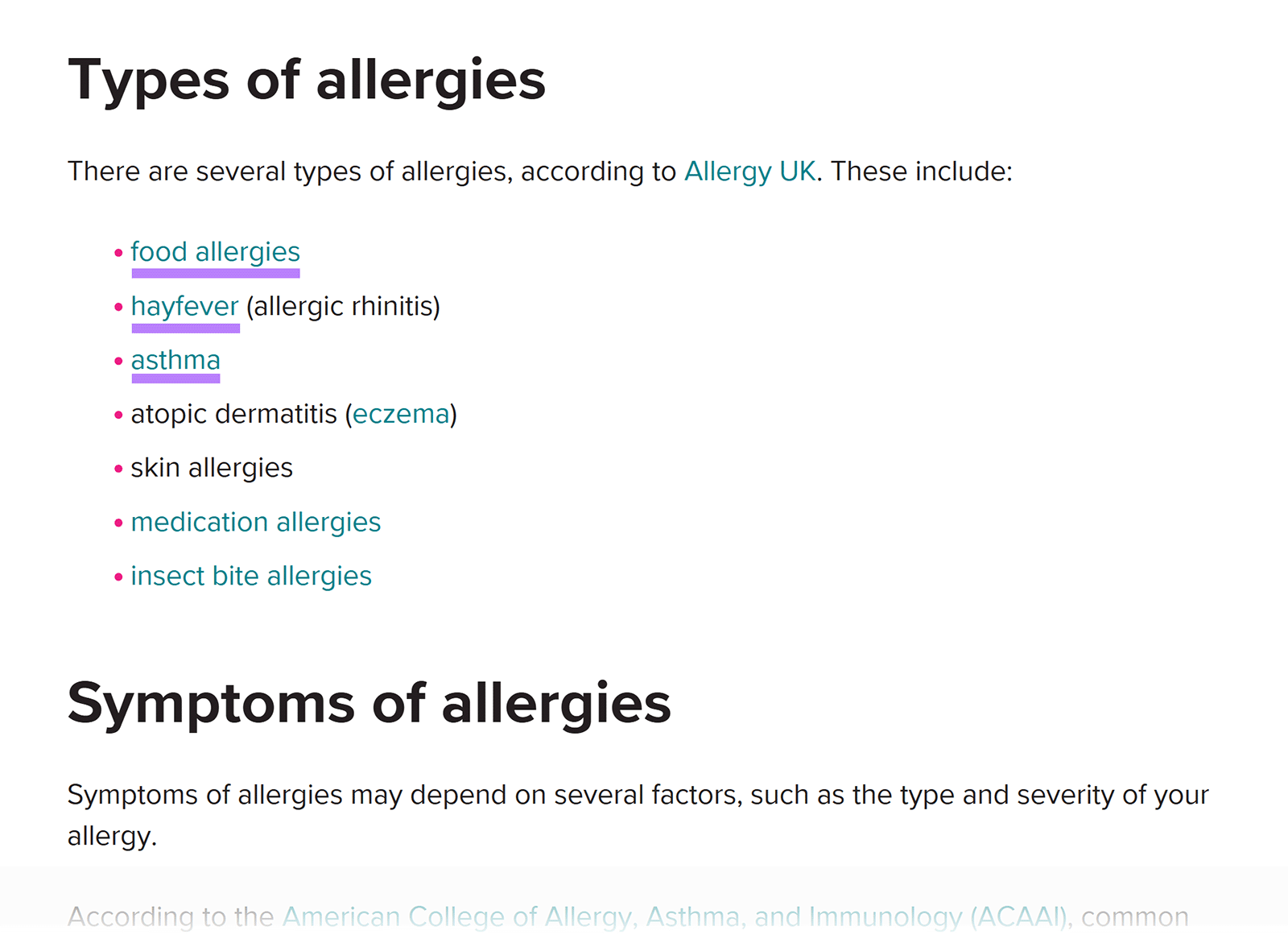 Healthline allergies article with internal links to related pages about food allergies, hay fever, and asthma