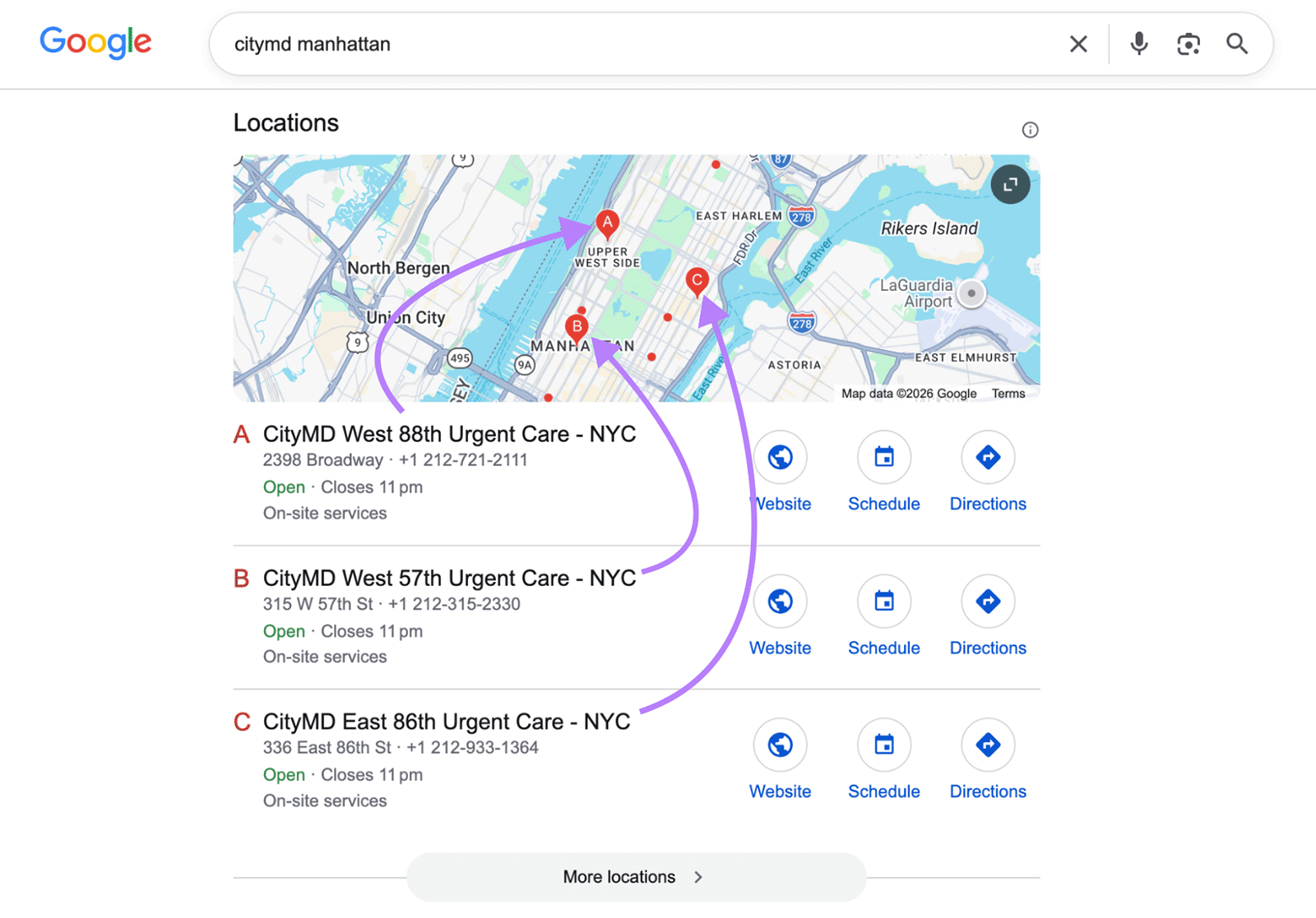 Google results for CityMD Manhattan showing three urgent care locations mapped across Manhattan