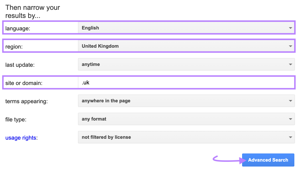 Options to further narrow results by language, region, etc., on Google's advanced search page.
