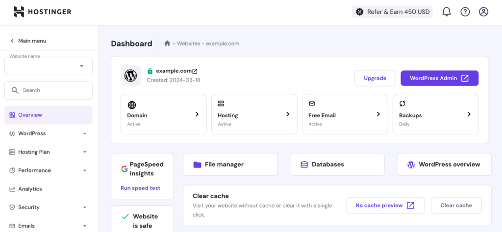 Hostinger's hPanel WordPress website dashboard shows domain, hosting, email, and backups.
