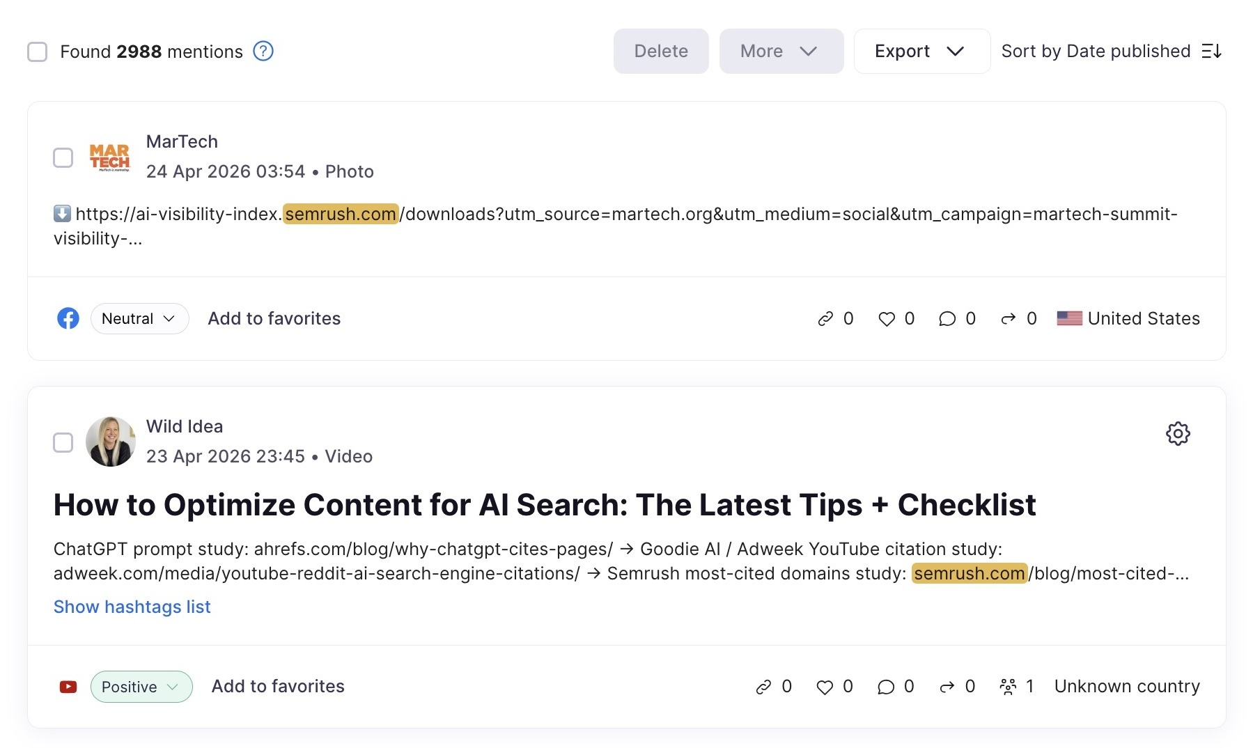 Brand Monitoring tool showing a list of brand mentions for "sr02.amztools.in" across platforms.
