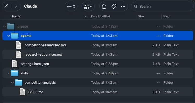 Files showing research agents and supervisor agent setup in Claude Code.