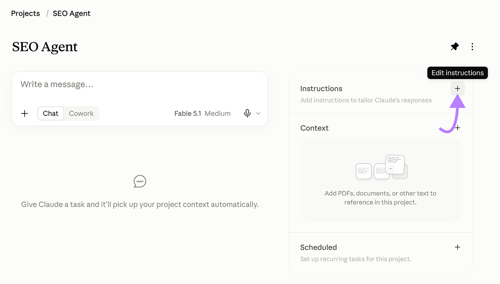 Claude SEO Agent project with the Edit instructions button highlighted for adding custom project instructions