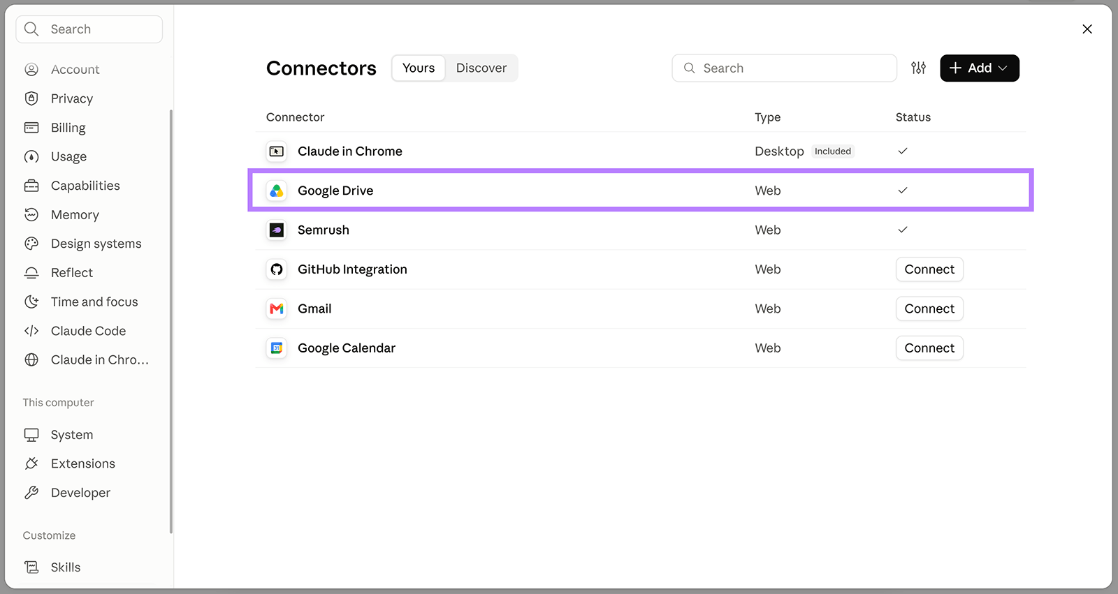 Claude connectors settings showing Google Drive and Semrush connected for accessing dashboard data