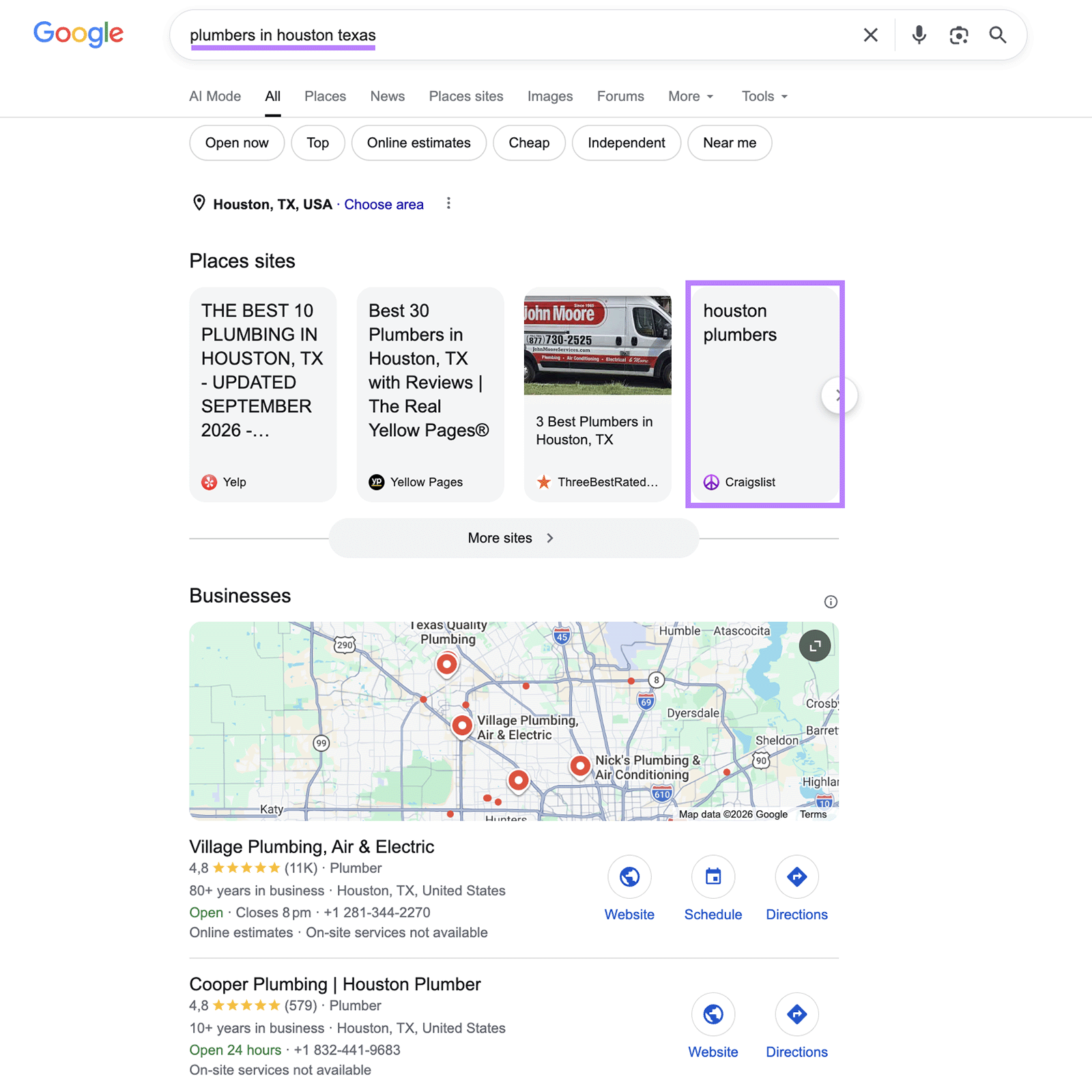 Google results for “plumbers in Houston Texas” showing local listings and Craigslist in the Places sites carousel