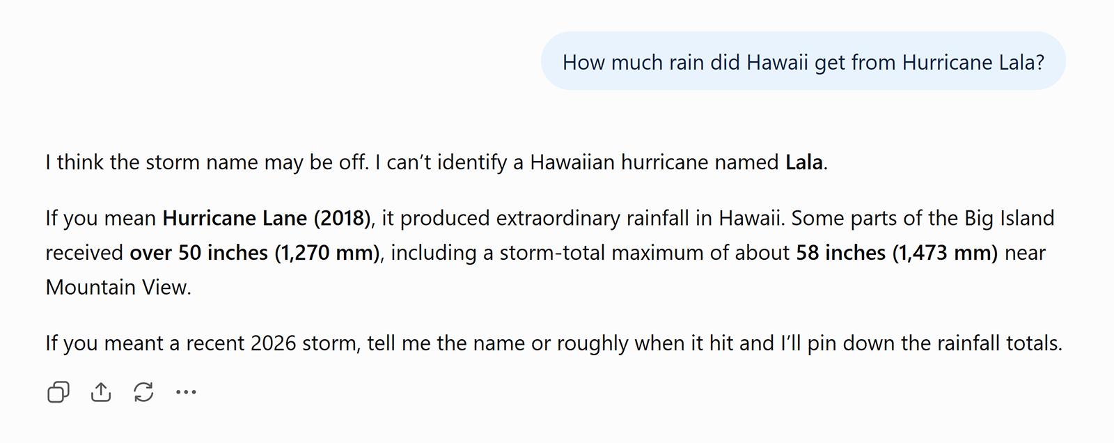 ChatGPT response saying no Hurricane Lala affected Hawaii and suggesting the user may mean Hurricane Lane in 2018