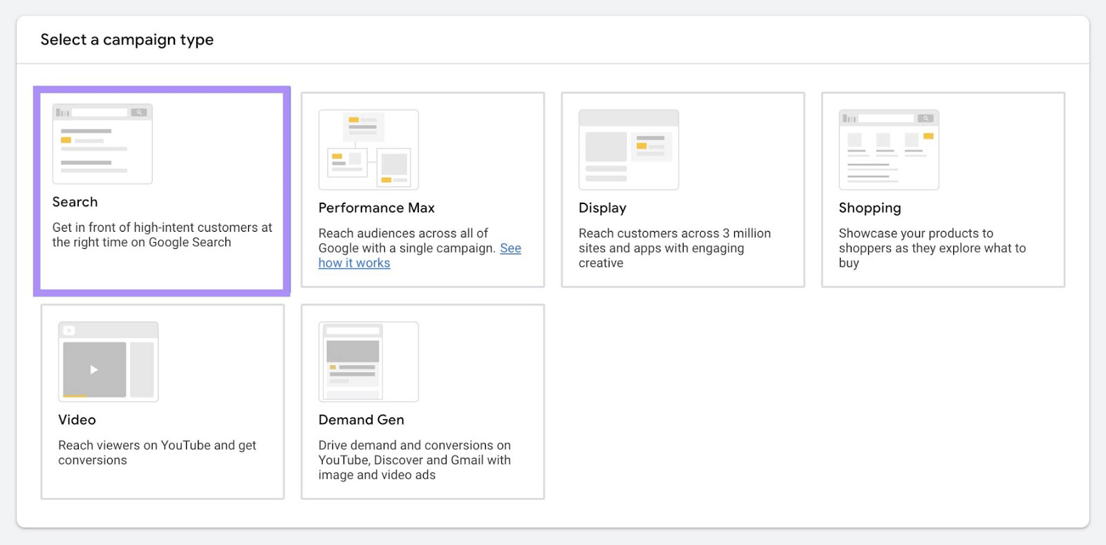Campaign type selection screen with Search option boxed to indicate selection among campaign types.