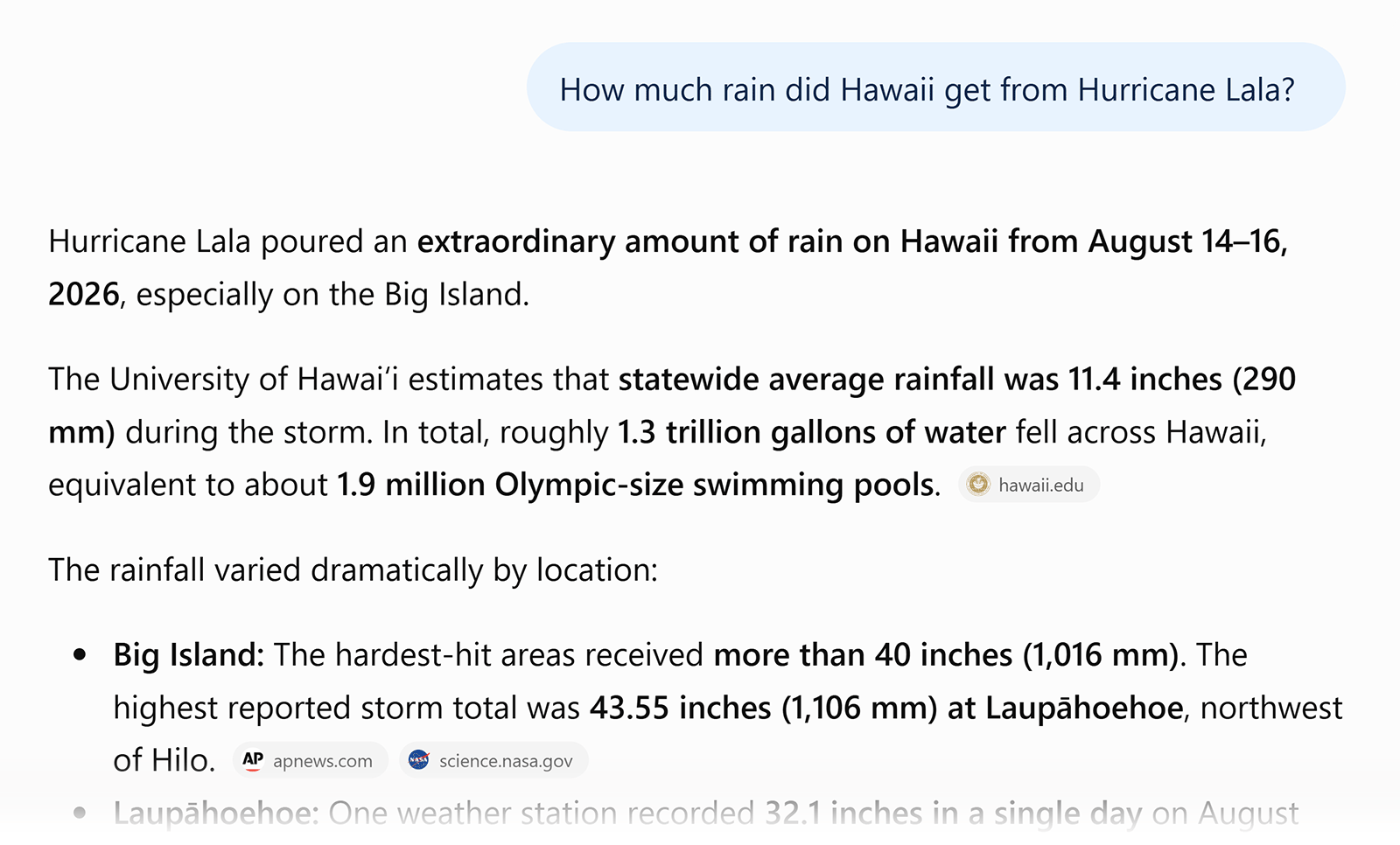 ChatGPT response claiming Hurricane Lala hit Hawaii in 2026, with rainfall totals and cited sources