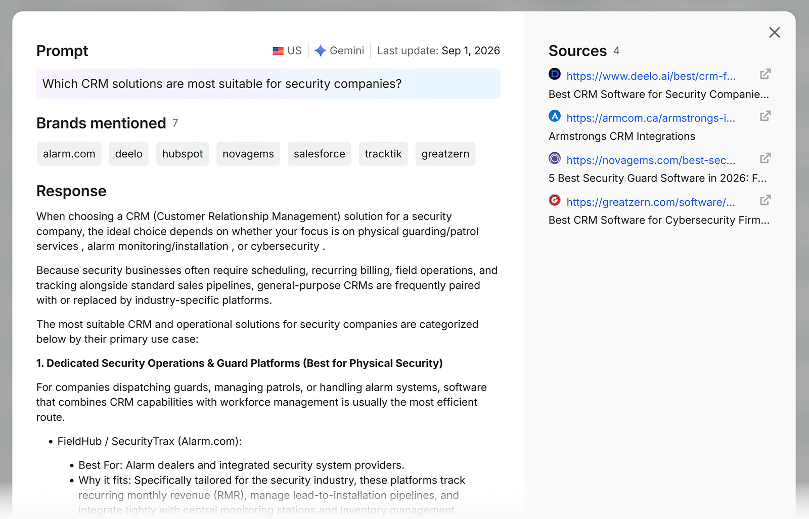 Gemini response to a CRM security prompt shows seven brands mentioned and four cited sources