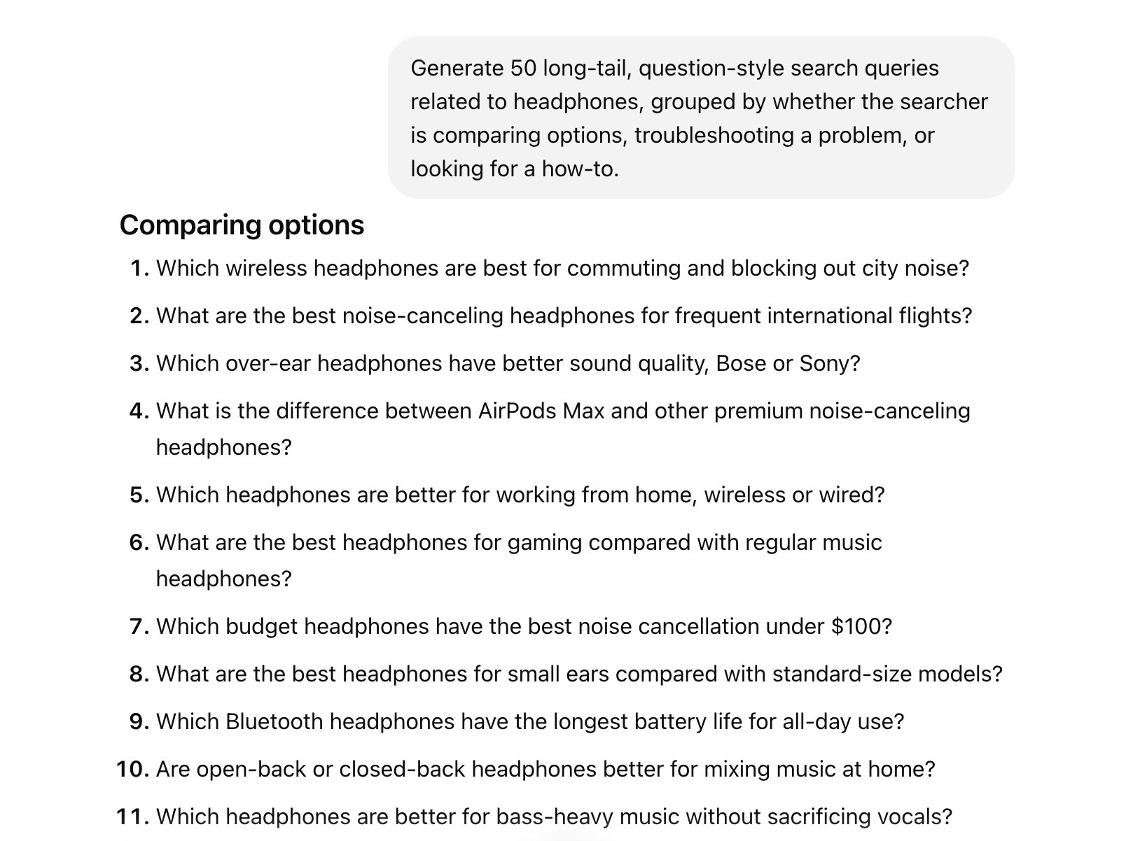 ChatGPT generating a list of long-tail, question-style search queries related to headphones based on a prompt.