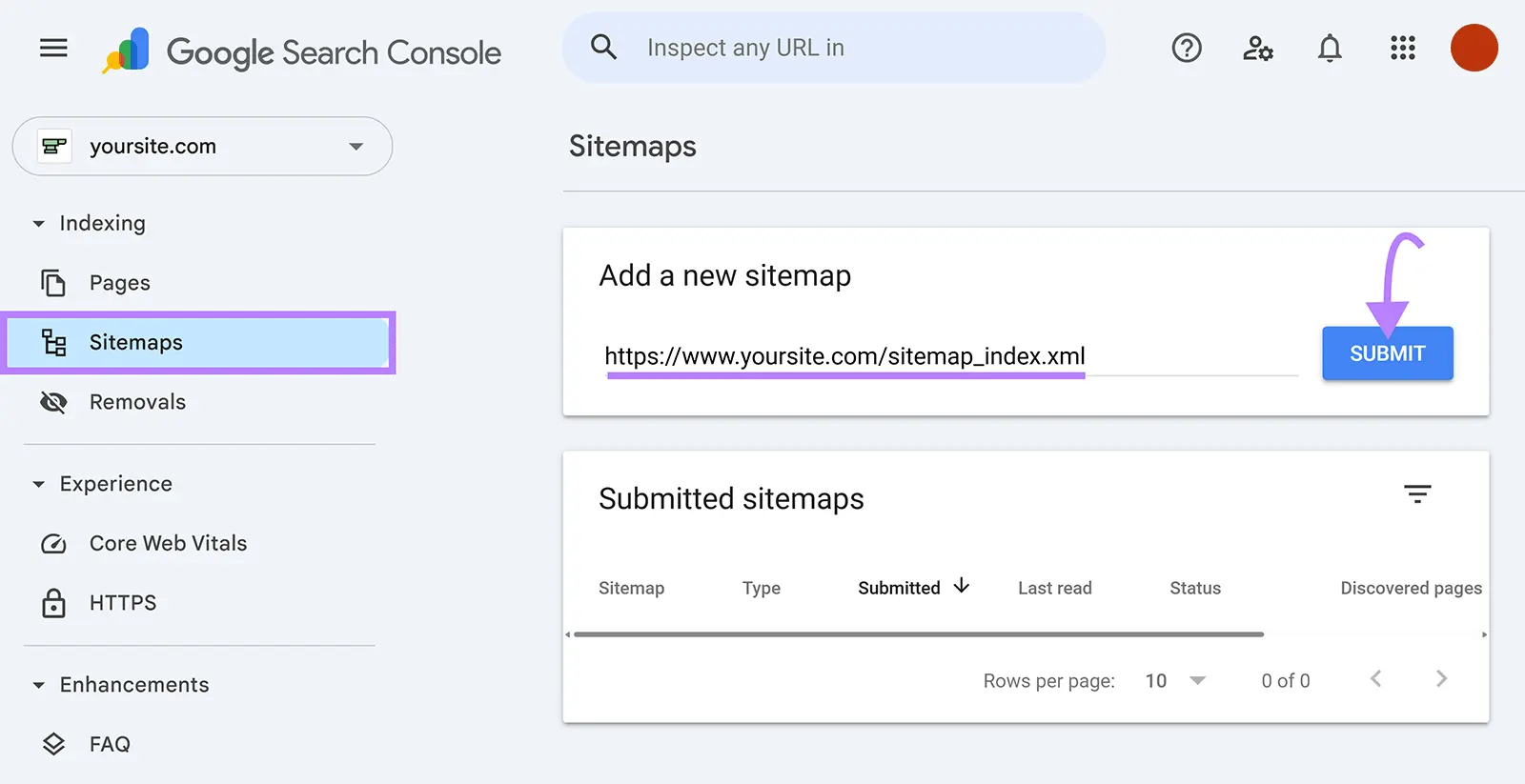 Google Search Console Sitemaps page with a sitemap URL entered and the Submit button highlighted