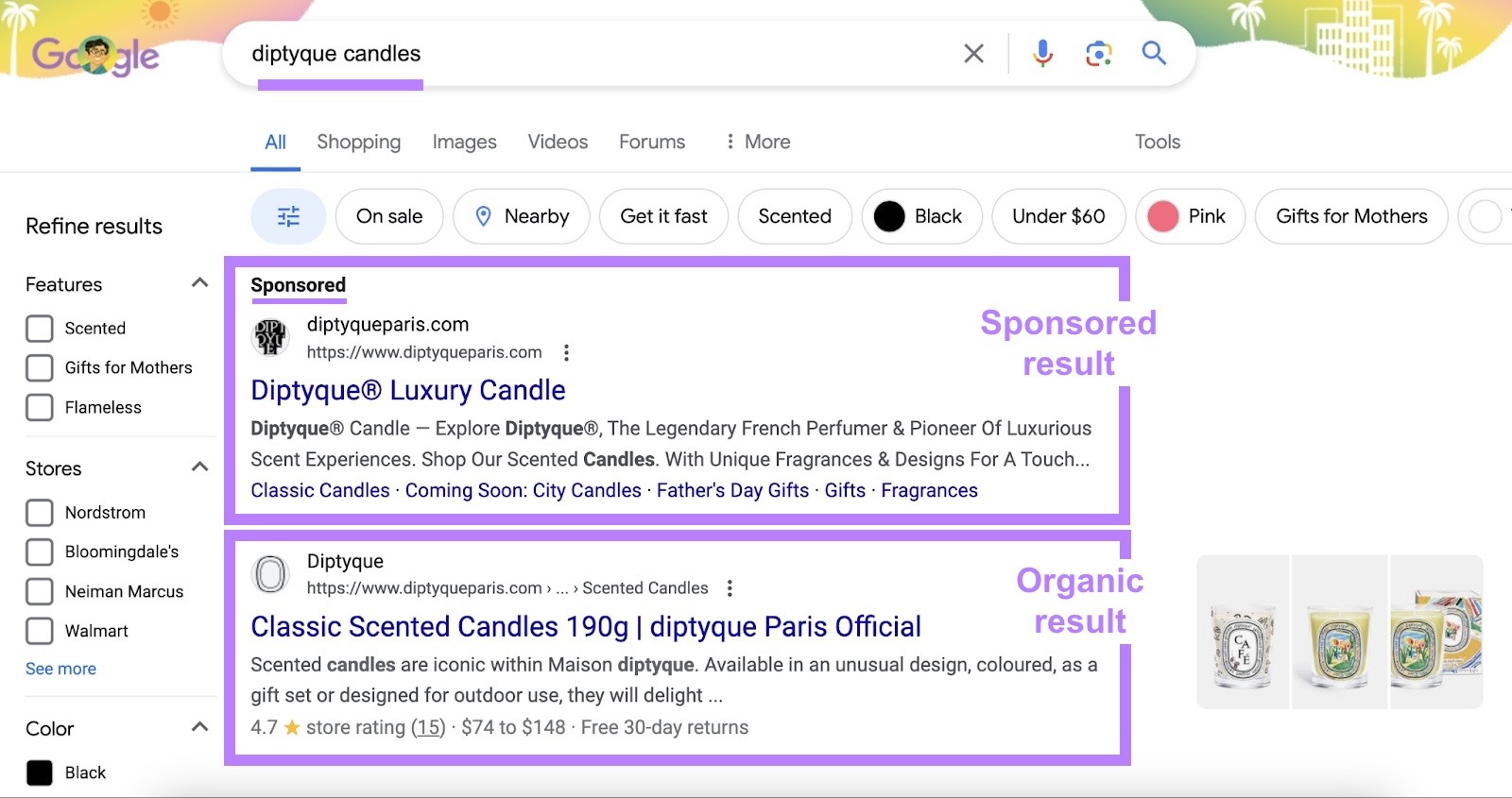 Google SERP with a brand ranking as the top sponsored and top organic result for a term.