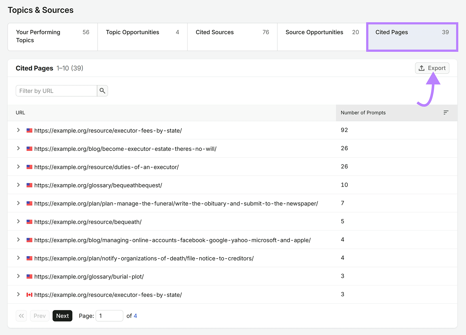 Semrush Cited Pages report listing URLs cited in AI answers and the number of prompts citing each page
