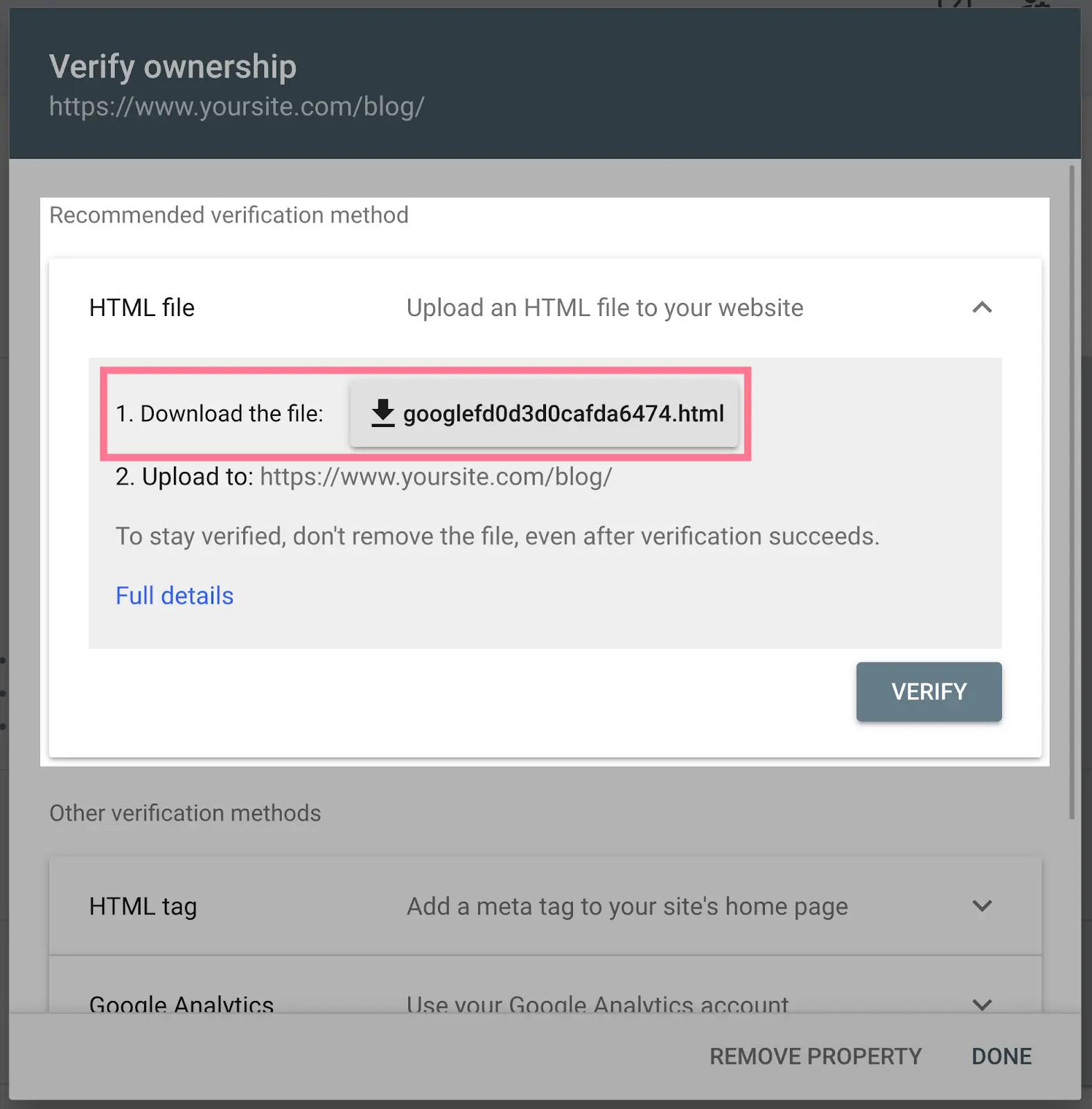 Google Search Console URL prefix verification screen highlighting the HTML verification file download