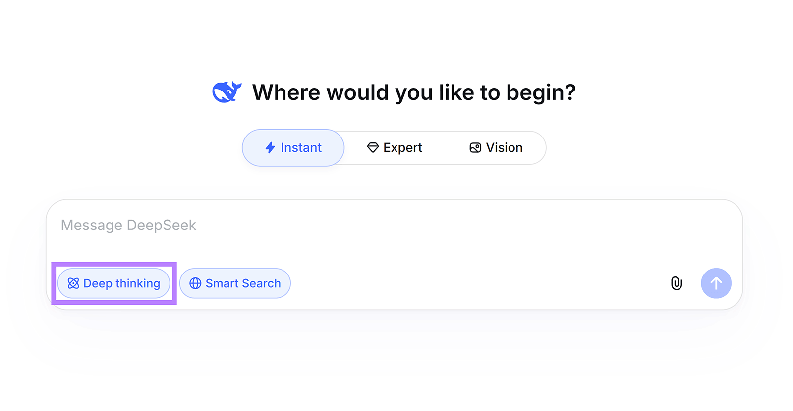 DeepSeek chat interface with the Deep thinking feature highlighted beside Smart Search