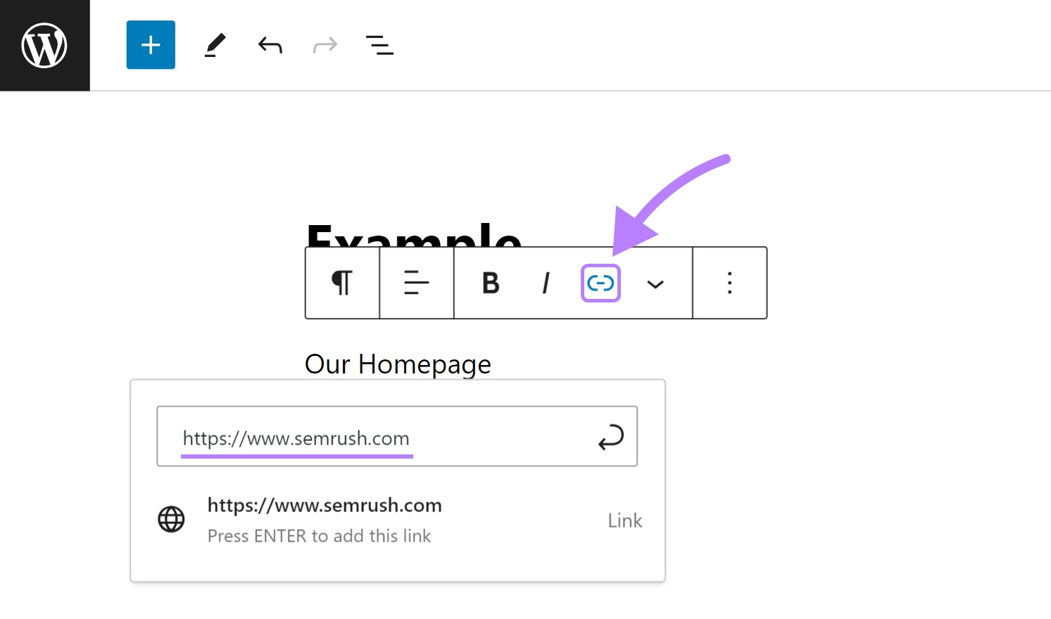 Linking "Our Homepage" text to "sr02.amztools.in" in WordPress editor