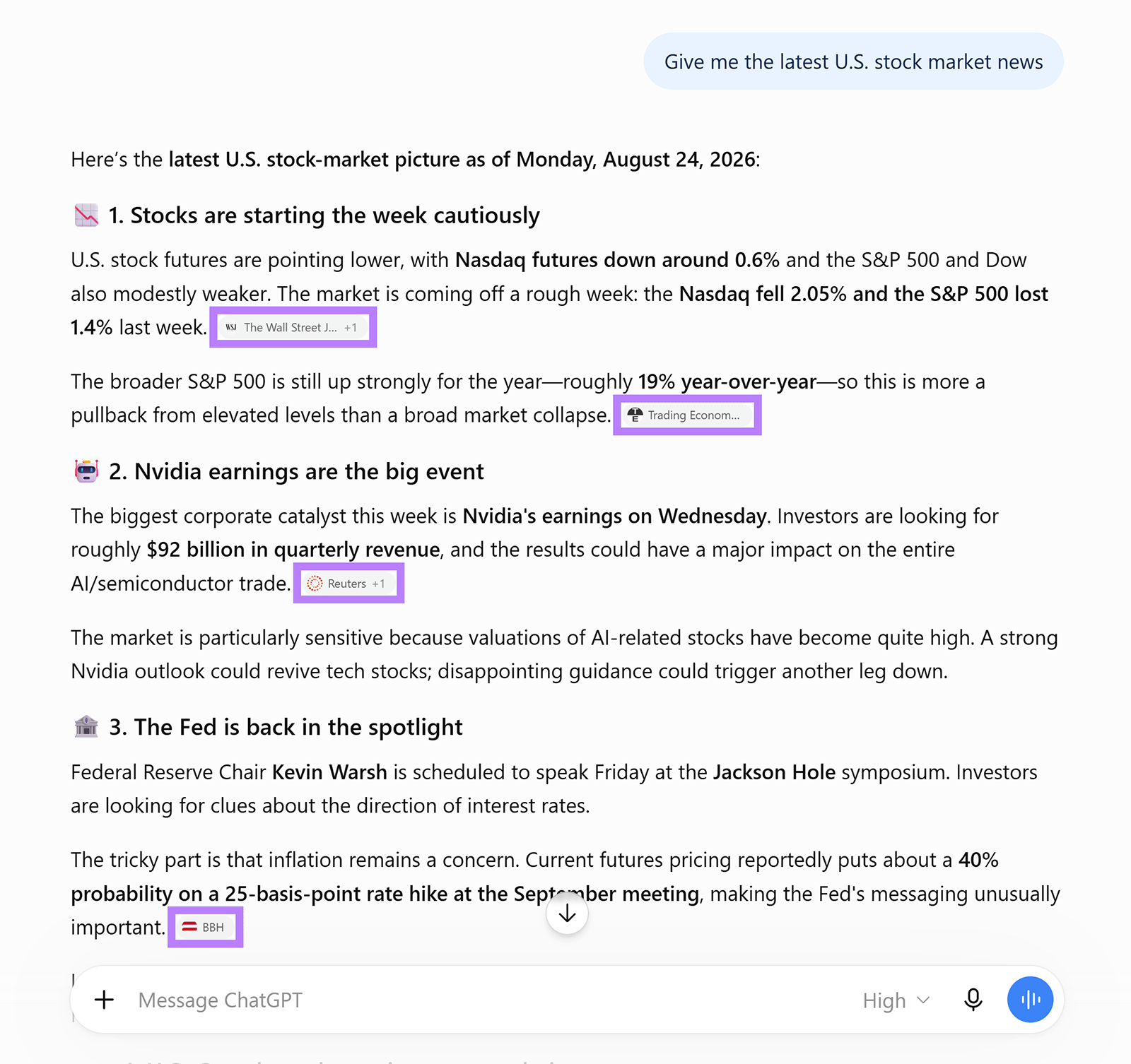 ChatGPT stock market news response with cited sources including The Wall Street Journal, Reuters, and BBH