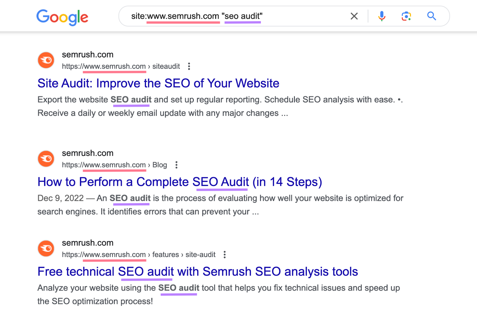 search for "site:sr02.amztools.in "seo audit"" shows list of urls on semrush with keyword mentioned
