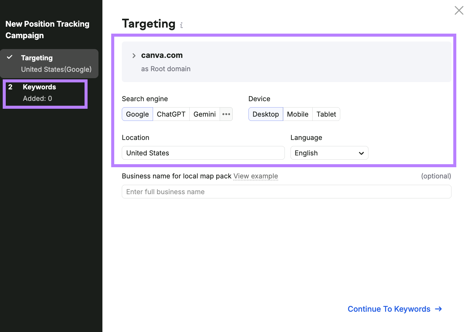 position tracking set up window