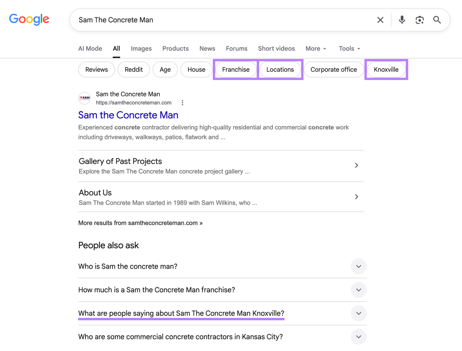 Google results for Sam the Concrete Man showing location-related search refinements and a Knoxville question