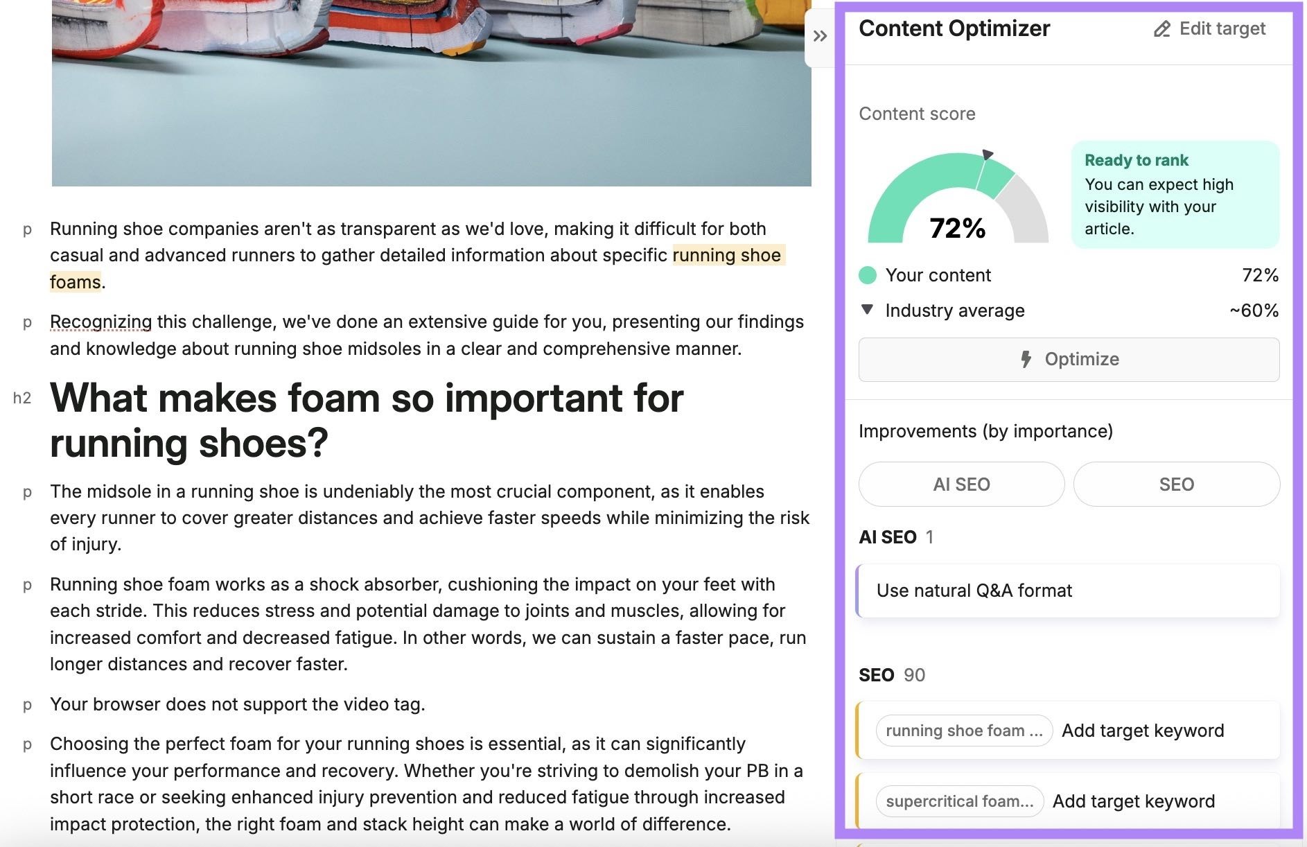 Content Optimizer showing an overall score along with SEO and AI SEO suggestions to improve a piece of content.