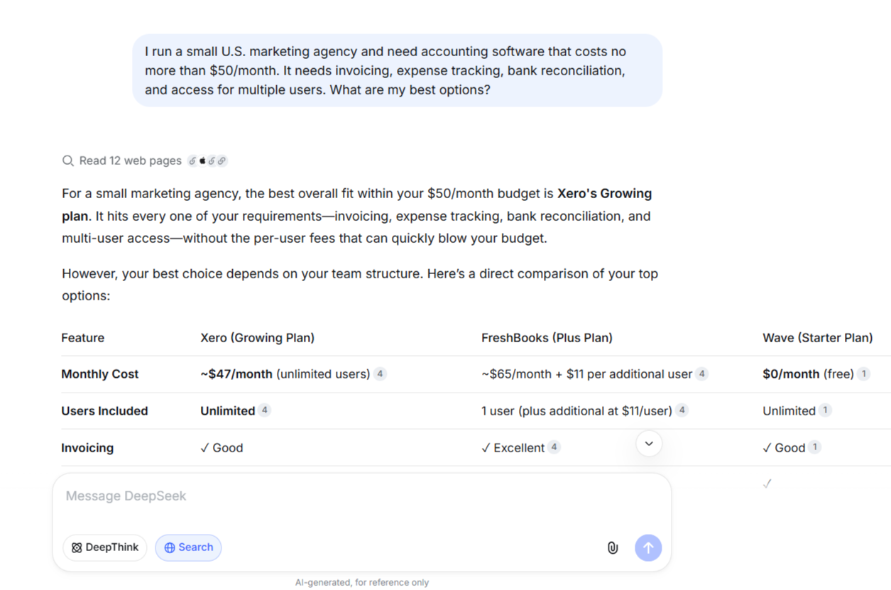 DeepSeek recommends Xero’s Growing plan and compares it with FreshBooks and Wave for a small marketing agency