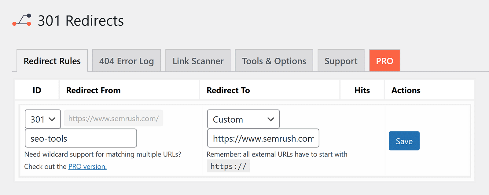 301 redirect plugin interface with URL path entered and custom destination set to sr02.amztools.in URL.