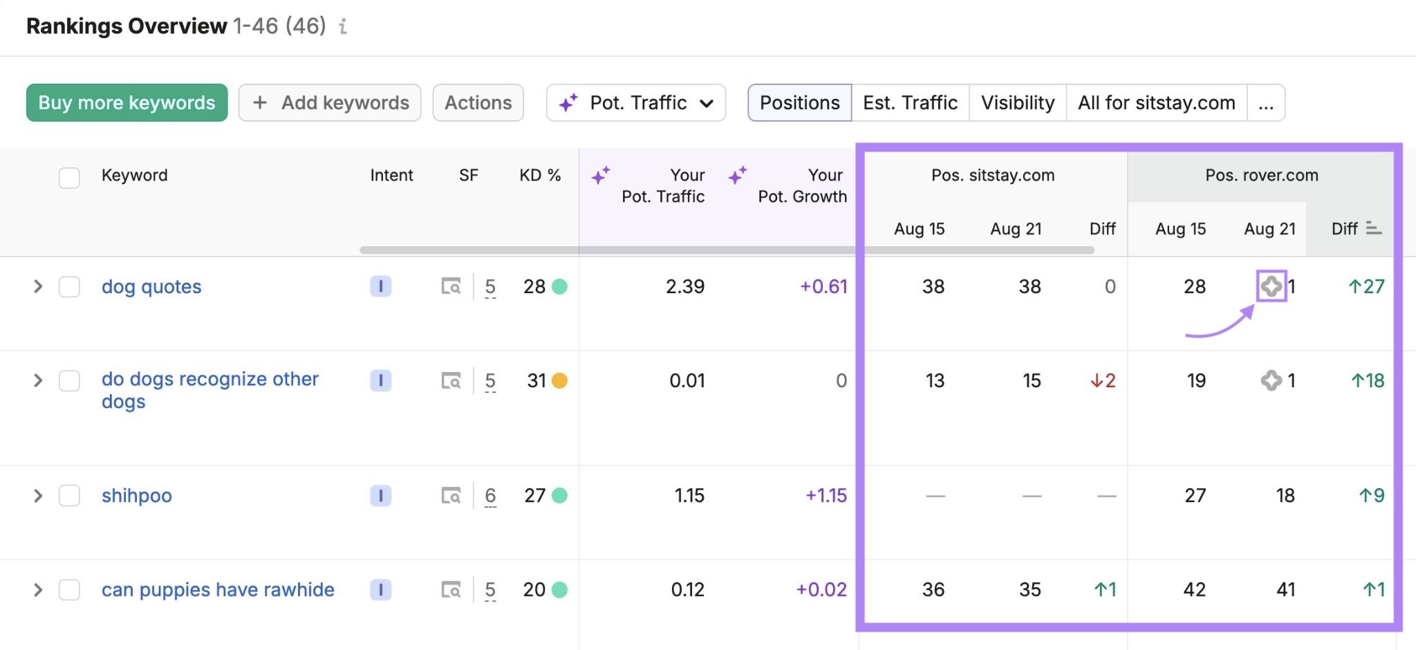 Rankings Overview report with the Position columns for a brand and a competitor highlighted along with a SERP feature icon.