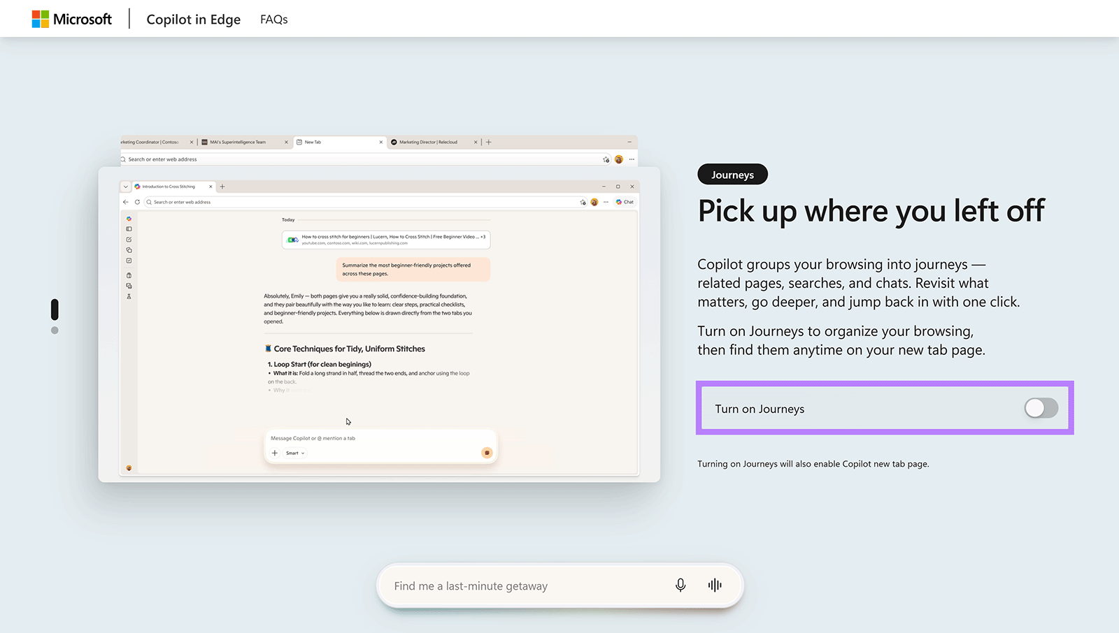 Microsoft Copilot in Edge page showing the option to enable Journeys for organizing browsing activity