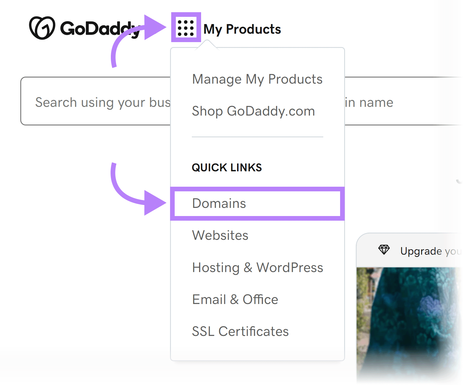 GoDaddy My Products menu with the Domains quick link highlighted