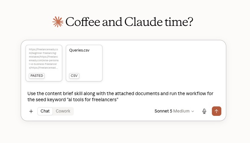 Claude prompt using the content brief skill with attached files and the seed keyword “AI tools for freelancers”