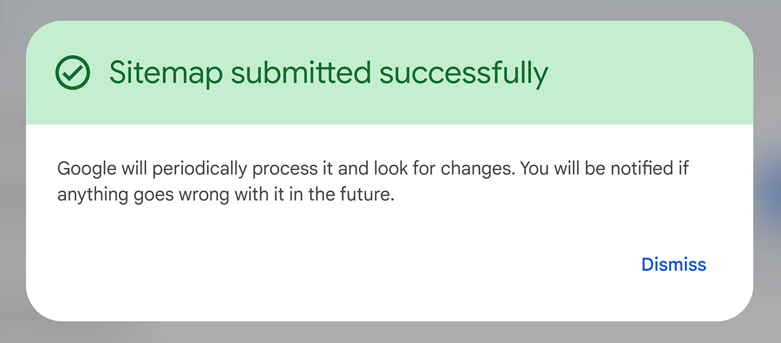 Google Search Console confirmation message showing a sitemap was submitted successfully