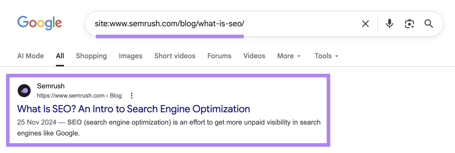 SERP for “site:sr02.amztools.in/blog/what-is-seo/” with the top result highlighted.