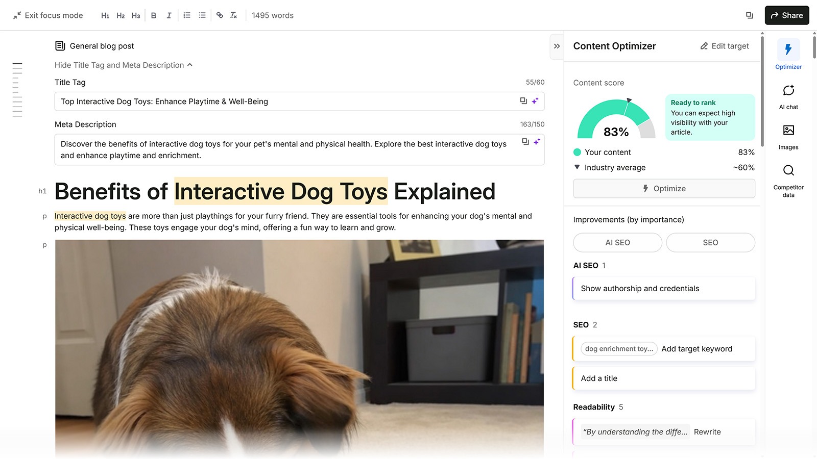 Semrush Content Optimizer showing an interactive dog toys article with an 83% content score and SEO improvement suggestions