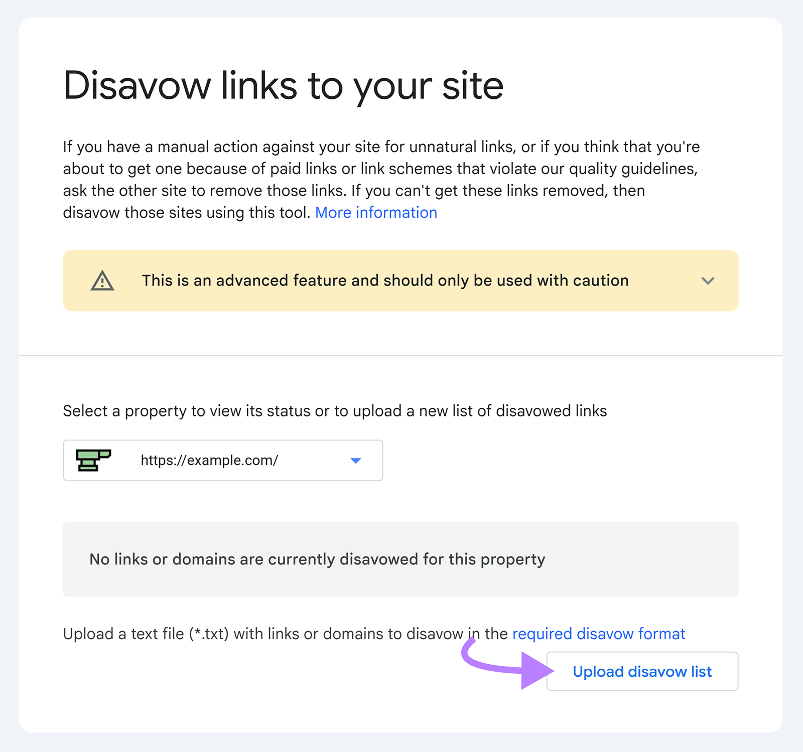 Google Disavow Links tool with the Upload disavow list button highlighted for an example property