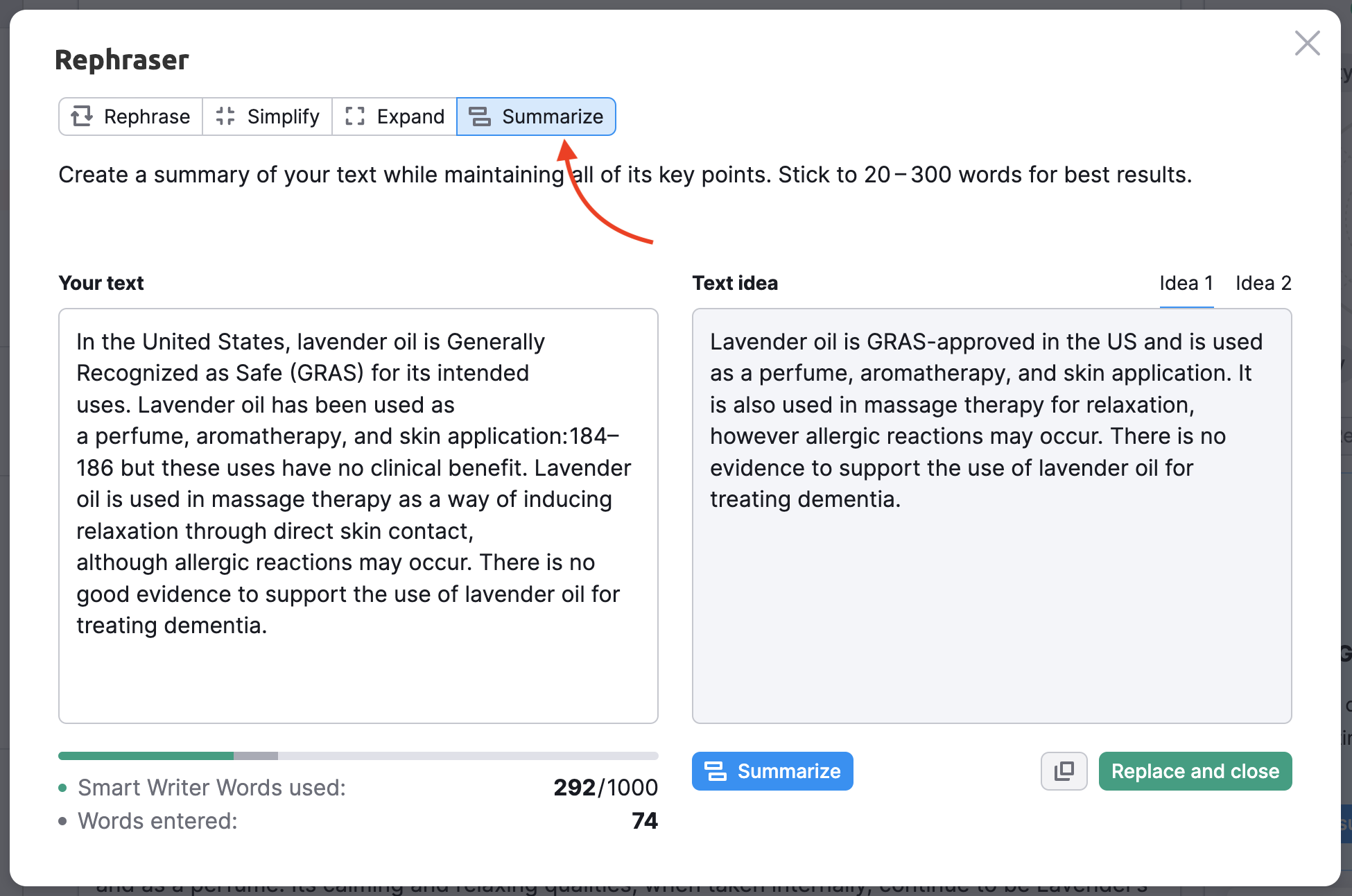 Example showing how to the Rephraser feature works. An arrow points to the 'Summarize' option in the menu. The example shows two boxes of text: one with your text and the other with the summarized text idea.