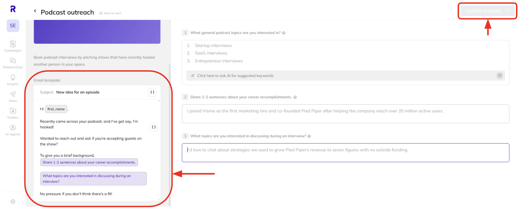 Editing and using an email template in AI Backlink Builder.