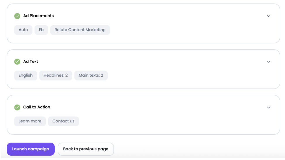Ads tab showing ad text, CTA buttons, and preview module.